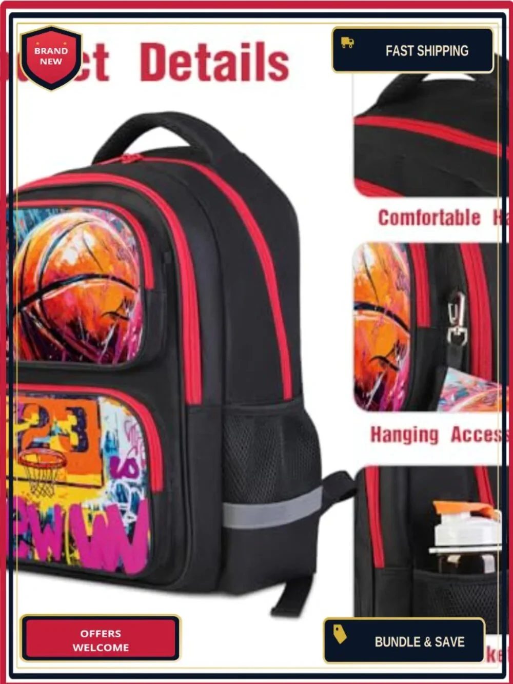 Boys Basketball Backpack Set with Lunch Bag, Water Resistant Oxford Polyester,